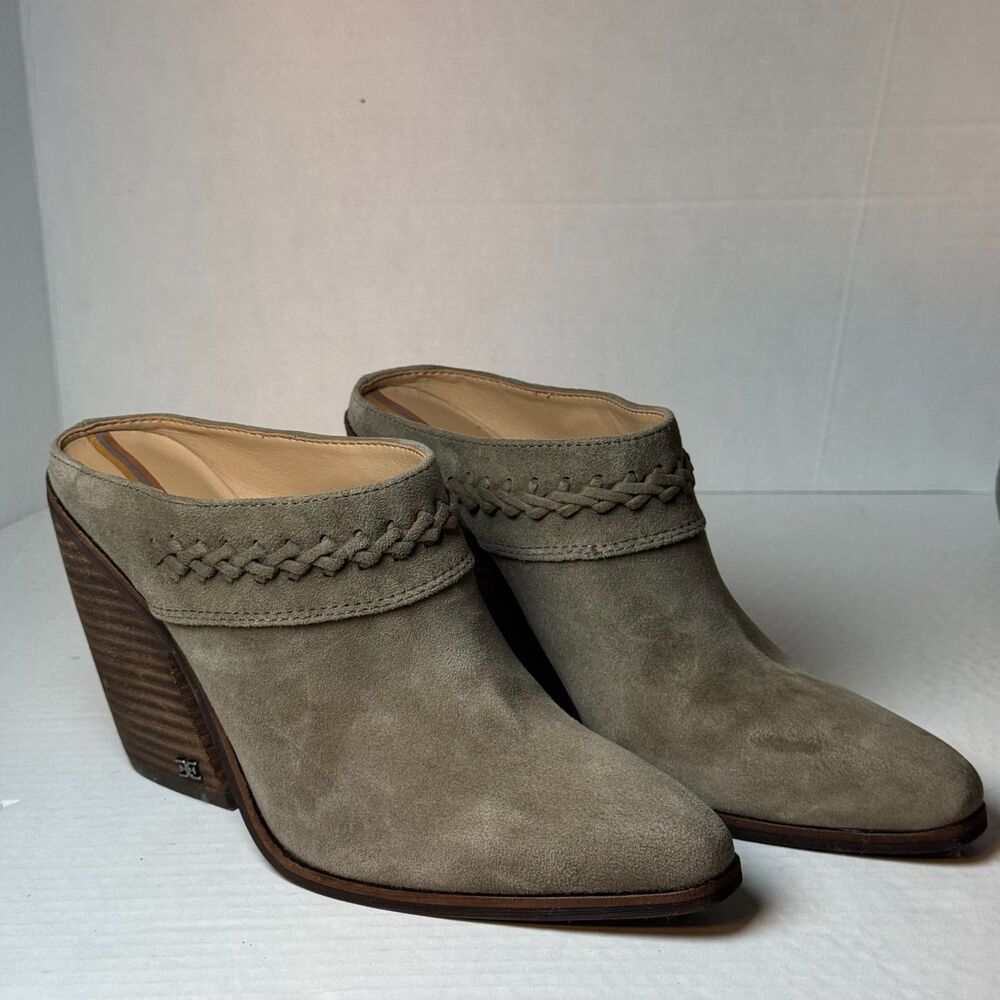 Sam Edelman Alison Suede Western Wedge Mules Desert Olive Grey Boho clog 8.5
